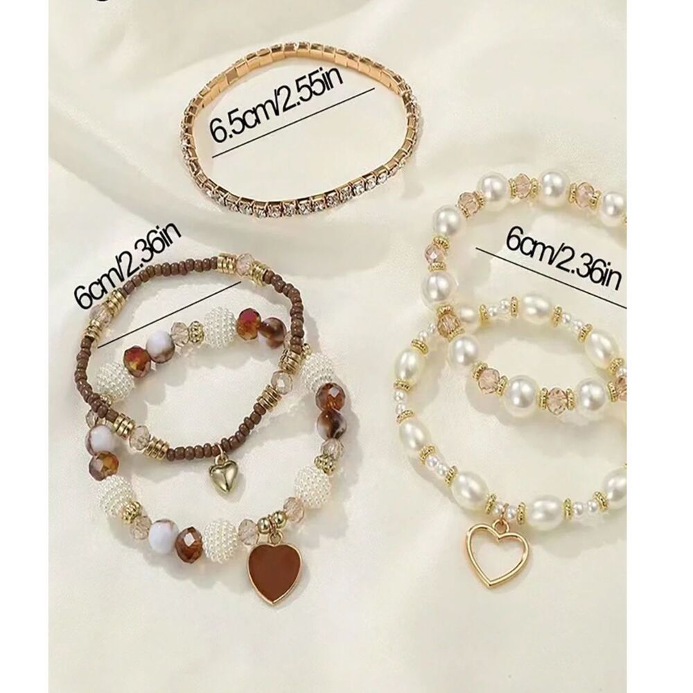 5pc Pearl & Crystal Beaded Bracelet Set Heart Pendant Stretch Mult Layer Chunky - Picture 3 of 3